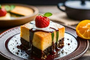 a piece of cheesecake with strawberries and chocolate sauce. AI-Generated photo