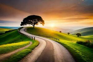 a road winding through a green hill with a tree. AI-Generated photo