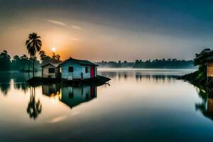 a small house on the water at sunrise. AI-Generated photo