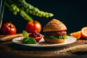 un hamburguesa en un plato con Tomates y otro vegetales. generado por ai foto