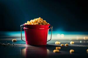 a bucket filled with peanuts on a dark surface. AI-Generated photo