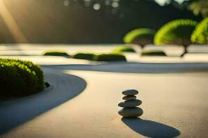 un zen jardín con piedras apilado en parte superior de cada otro. generado por ai foto