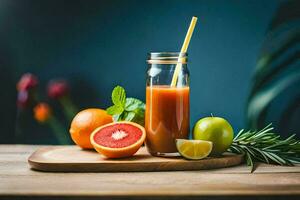 a glass of orange juice with a straw and a slice of grapefruit. AI-Generated photo