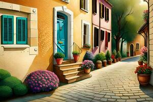 an illustration of a street with colorful houses. AI-Generated photo