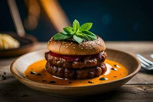 a hamburger with sauce on top on a plate. AI-Generated photo