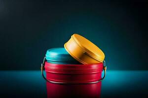 three colorful metal containers stacked on top of each other. AI-Generated photo