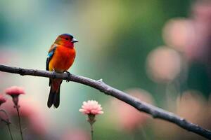 a colorful bird sits on a branch with pink flowers. AI-Generated photo