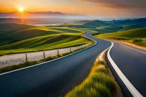 a winding road in the countryside with the sun setting. AI-Generated photo