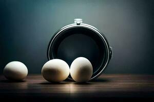 three eggs in a silver container on a table. AI-Generated photo