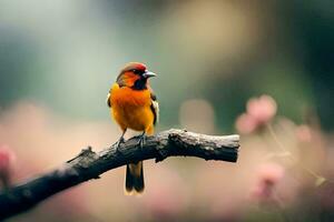 a small orange bird is sitting on a branch. AI-Generated photo