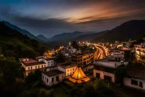 un pueblo a noche con un montaña en el antecedentes. generado por ai foto