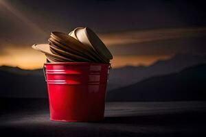 a red bucket with a stack of wooden plates. AI-Generated photo