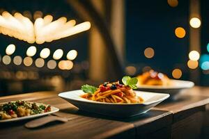 two plates of pasta and a bowl of salad on a table. AI-Generated photo