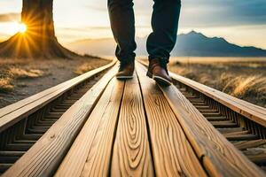 a person walking on a wooden train track. AI-Generated photo