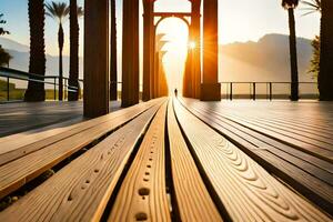 a wooden walkway with the sun setting behind it. AI-Generated photo
