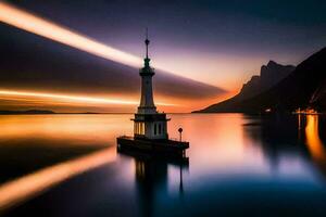 a lighthouse stands on the water at sunset. AI-Generated photo