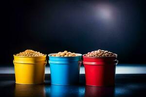 three colorful buckets of peanuts on a dark background. AI-Generated photo