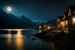 un cabina en el montañas a noche con un lleno Luna. generado por ai foto