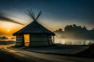 a hut with a roof on the beach at sunrise. AI-Generated photo