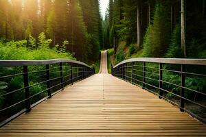 a wooden bridge in the middle of a forest. AI-Generated photo