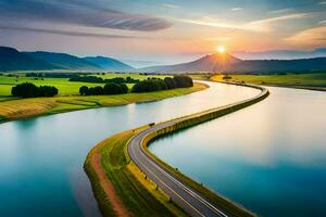 the sun rises over a river and a road in the countryside. AI-Generated photo