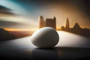 an egg sitting on a table in front of a city skyline. AI-Generated photo