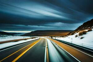 a long exposure photograph of a highway in the winter. AI-Generated photo