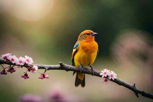 foto fondo de pantalla el pájaro, flores, primavera, el sol, el pájaro, el pájaro, el. generado por ai