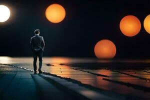 un hombre en pie en un la carretera a noche con luces en el antecedentes. generado por ai foto