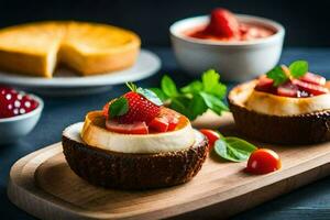 cheesecake with strawberries and cherries on a wooden cutting board. AI-Generated photo