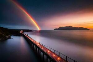 a rainbow over a pier at sunset. AI-Generated photo