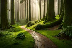 un camino mediante un bosque con arboles y césped. generado por ai foto