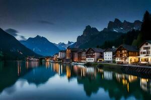 el pueblo de alpin en el Alpes a noche. generado por ai foto