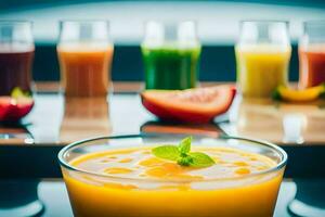 a glass of juice with fruit and vegetables in front of it. AI-Generated photo