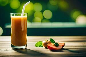 un vaso de naranja jugo con un Paja en un mesa. generado por ai foto