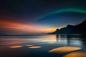 the aurora borealis lights up the sky over the ocean. AI-Generated photo