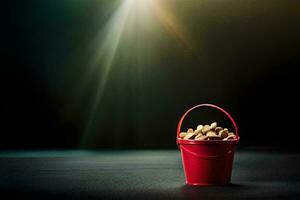 a red bucket filled with peanuts on a dark background. AI-Generated photo