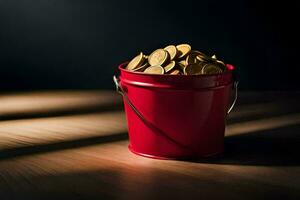 a red bucket filled with gold coins. AI-Generated photo