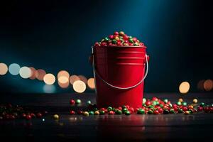 un rojo Cubeta lleno con caramelo en un mesa. generado por ai foto