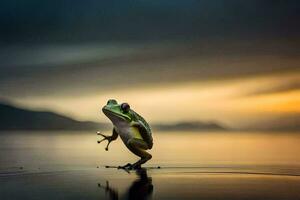 un rana en pie en sus posterior piernas en el agua. generado por ai foto