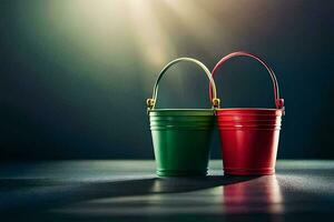 two red and green buckets on a dark table. AI-Generated photo