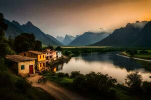 photo wallpaper the sky, mountains, river, house, sunset, the road, the road,. AI-Generated