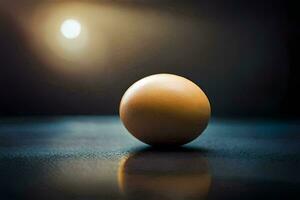 un huevo en un mesa con un destacar. generado por ai foto