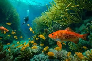 un buzo es nadando en el Oceano con coral y pez. generado por ai foto