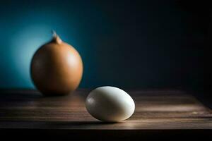 an egg and a brown apple on a table. AI-Generated photo