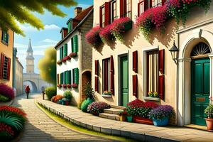 an illustration of a street with flowers and flowers. AI-Generated photo