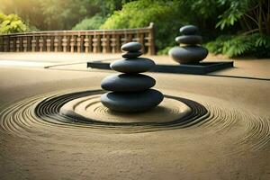 a zen garden with stones and a pond. AI-Generated photo