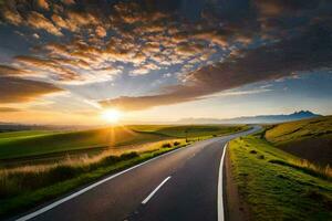 un la carretera con un puesta de sol en el antecedentes. generado por ai foto