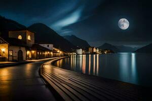 un de luna noche escena con un muelle y un lago. generado por ai foto