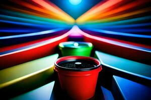 a red cup sitting on a colorful table. AI-Generated photo